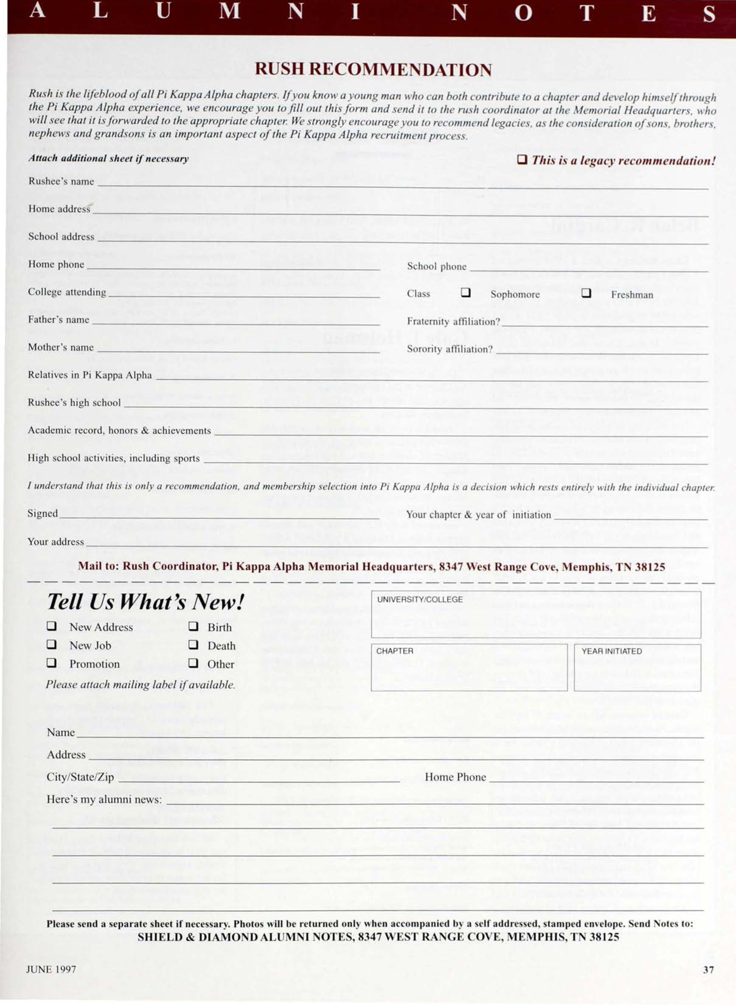 Alumni Notes: Rush Recommendation Form, June 1997